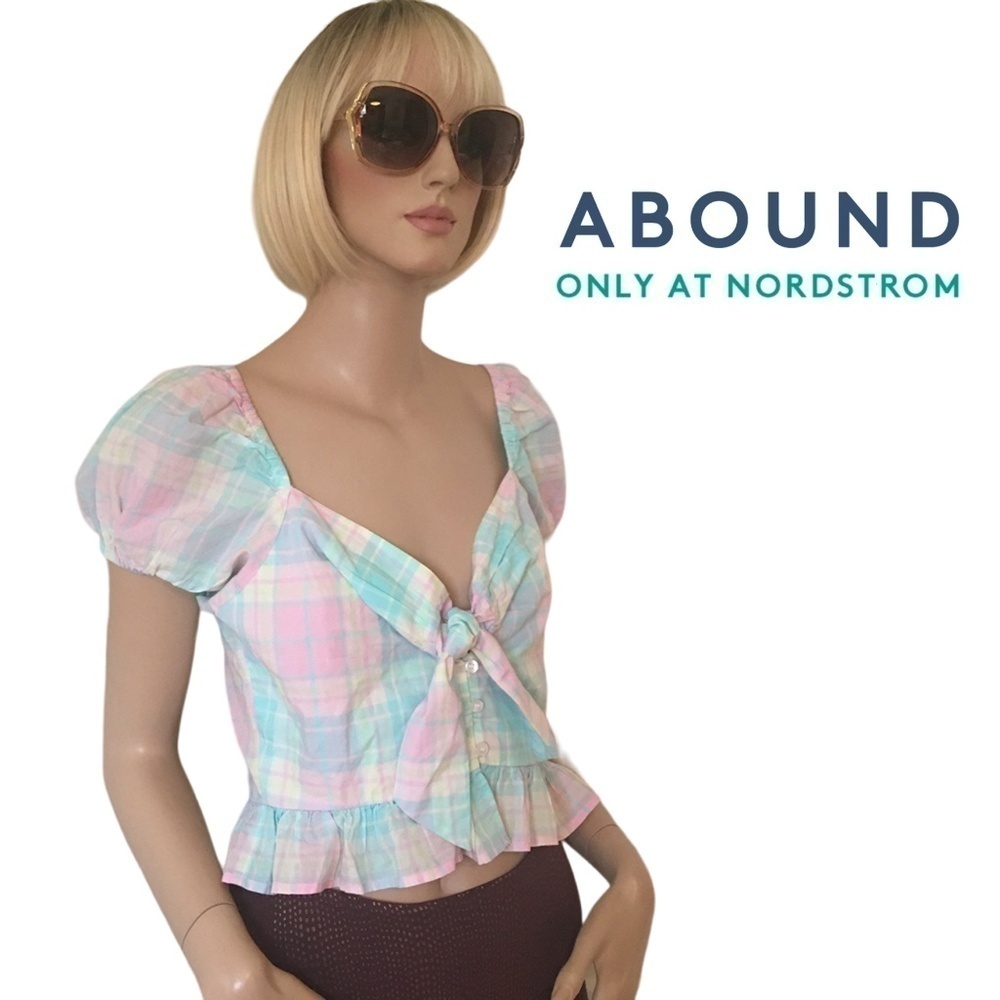 NORDSTROM ABOUND Blouse Pretty Pastel Plaid Tartan Cotton Top Front Bow Tie - Picture 9 of 11